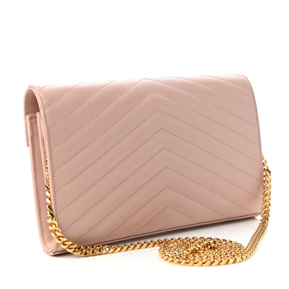 Saint Laurent Grain De Poudre Matelasse Chevron Monogram Chain Wallet Pale Pink 3 of 12