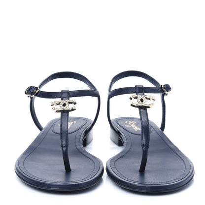 Chanel Lambskin Crystal CC Thong Sandals 37 Navy 2 of 10