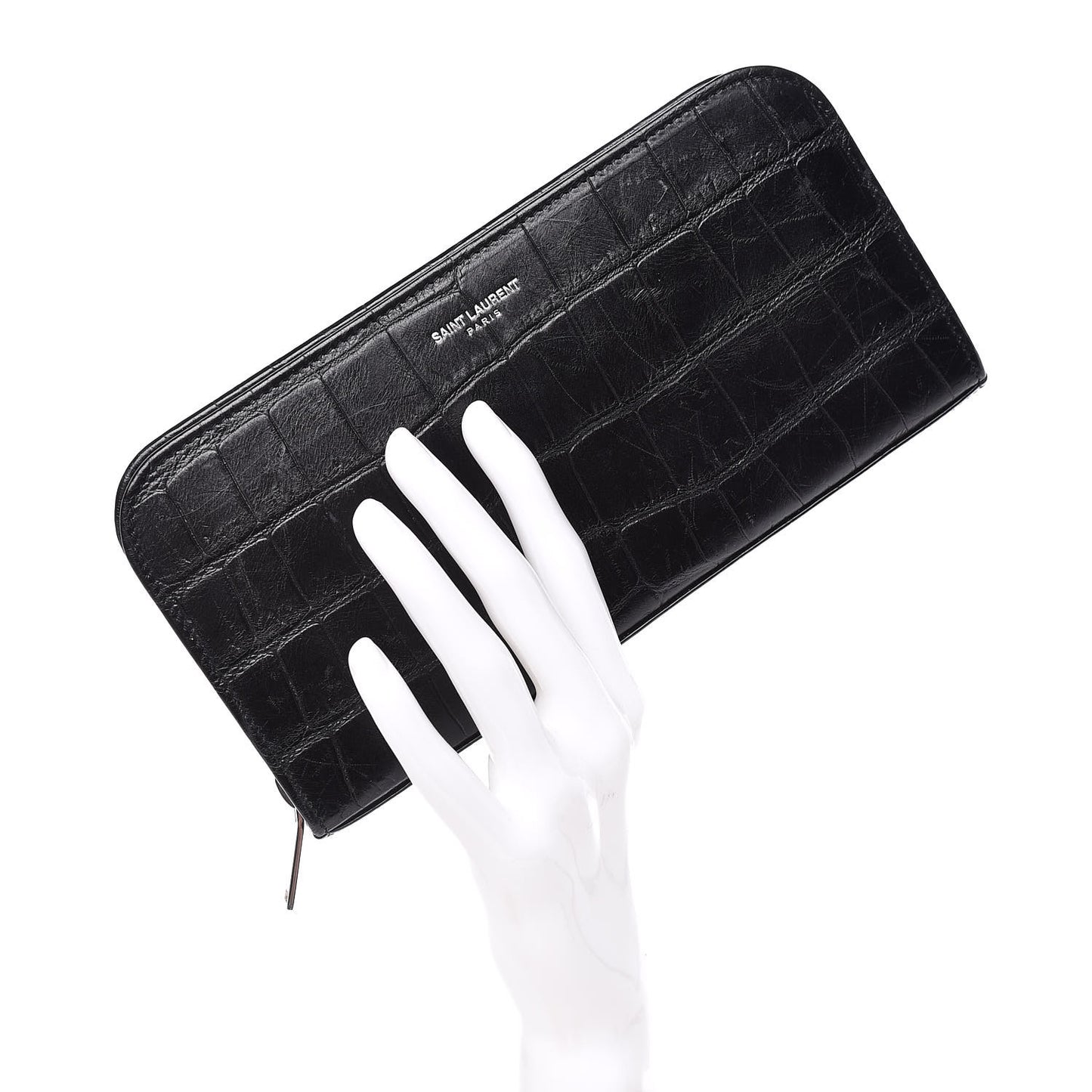 Calfskin Crocodile Embossed Classic Zip Around Continental Wallet Black