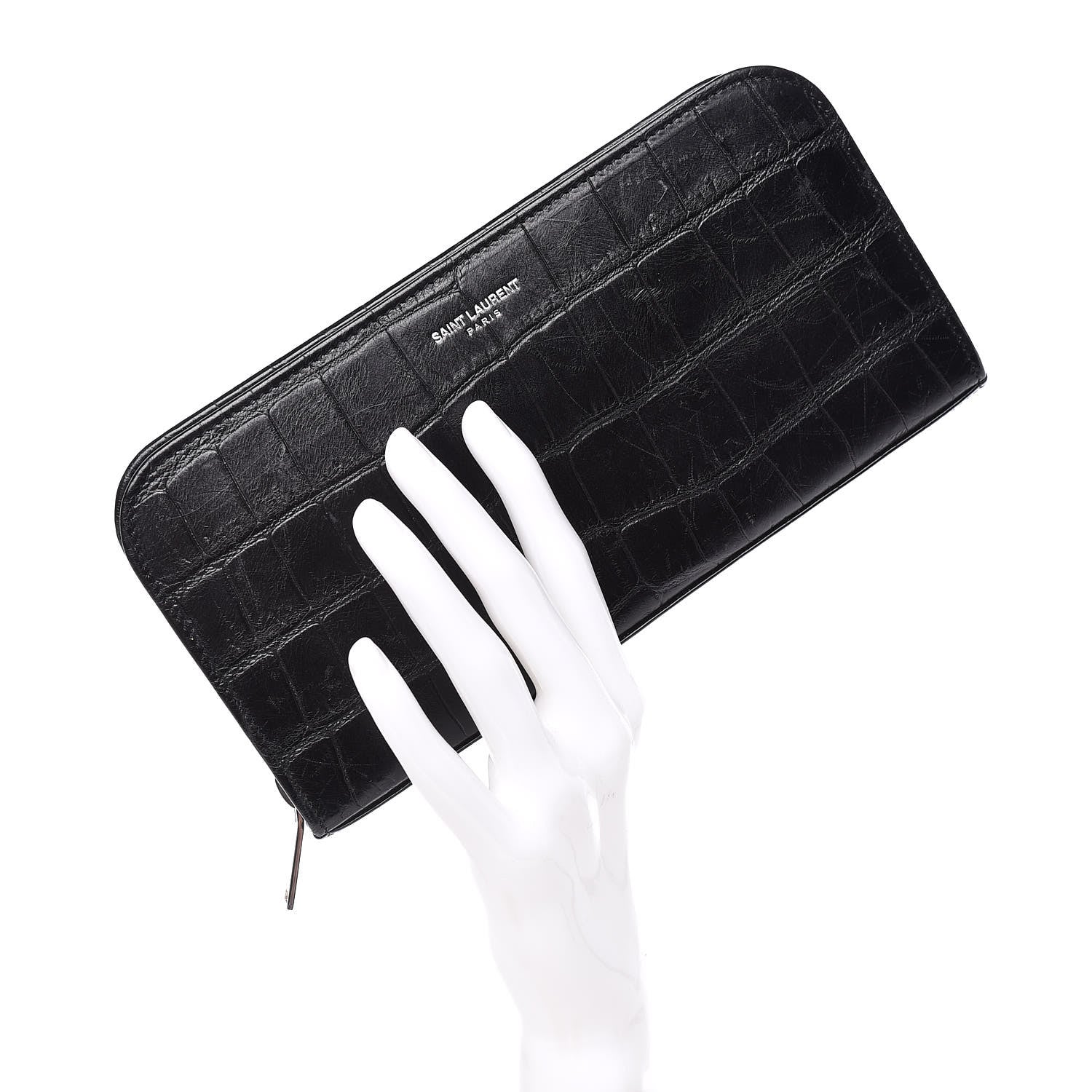 Saint Laurent Calfskin Crocodile Embossed Classic Zip Around Continental Wallet Black 2 of 8