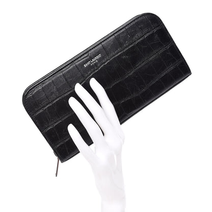 Saint Laurent Calfskin Crocodile Embossed Classic Zip Around Continental Wallet Black 2 of 8