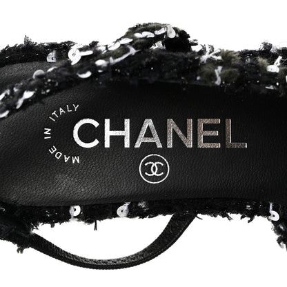 Chanel Tweed Sequin Patent Cap Toe CC Slingback Flats 37 Black 7 of 9