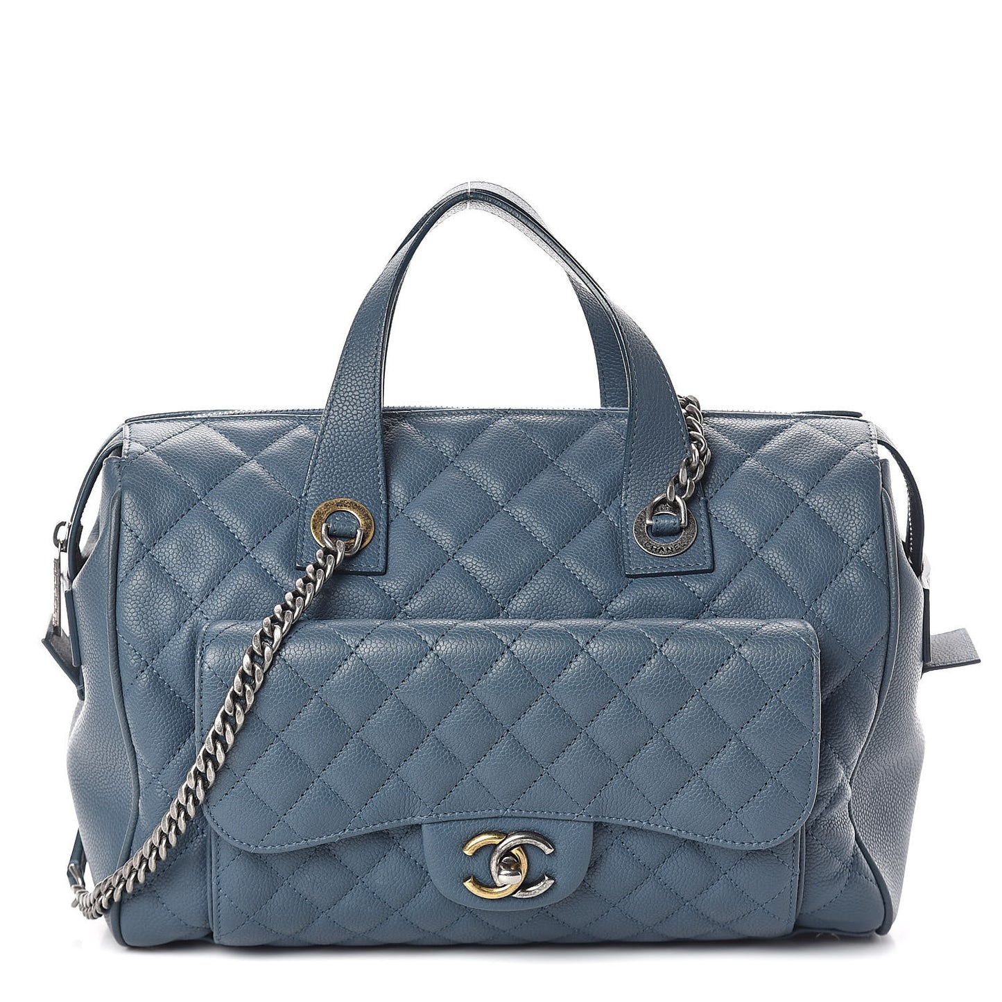 Grained Calfskin Quilted Large Casual Pocket Bowling Bag Blue