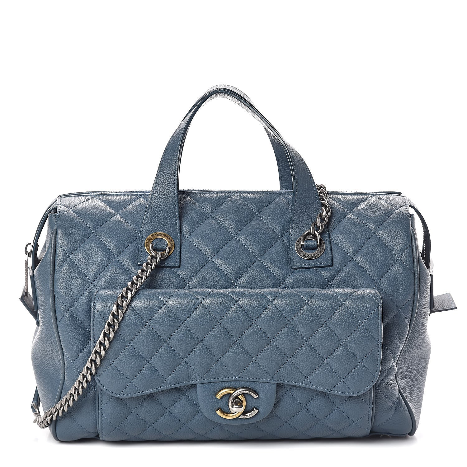 Chanel Grained Calfskin Quilted Large Casual Pocket Bowling Bag Blue 1 of 11