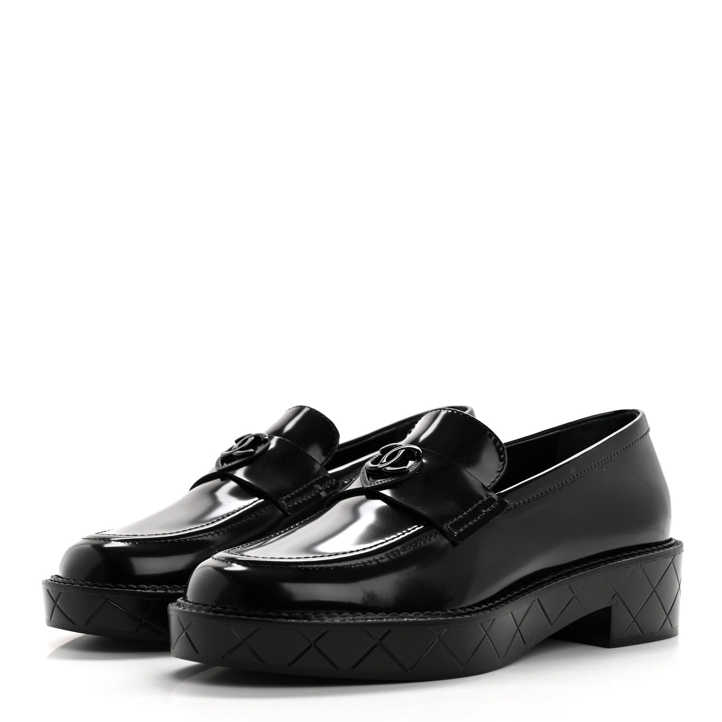 Shiny Calfskin Quilted CC Mocassin Loafers 38 Black