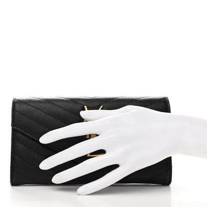 Saint Laurent Grain De Poudre Matelasse Chevron Monogram Flap Wallet Black 2 of 9