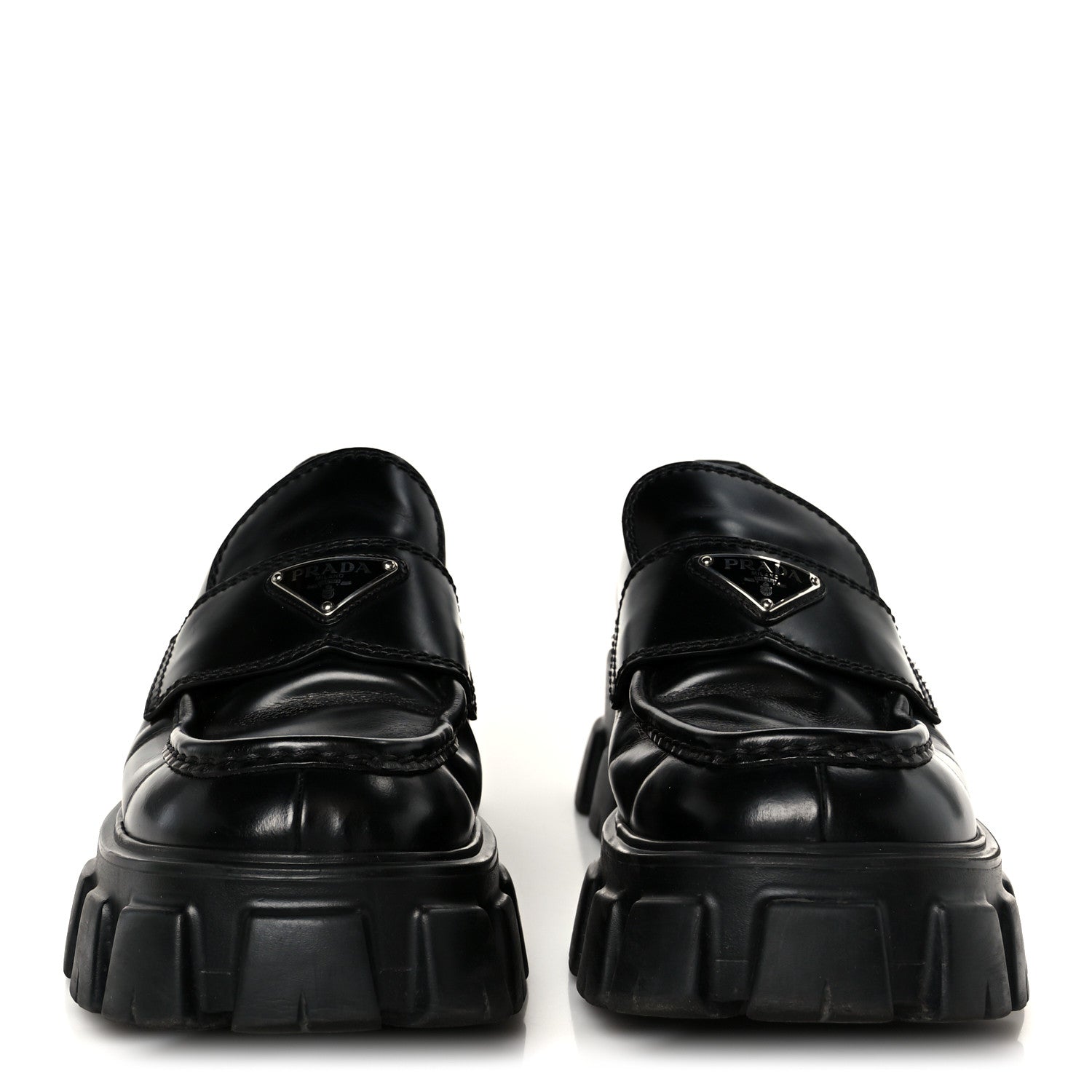 Prada Spazzolato Rois Metal Triangle Logo Mens Monolith 60mm Loafers 8.5 Black 3 of 10