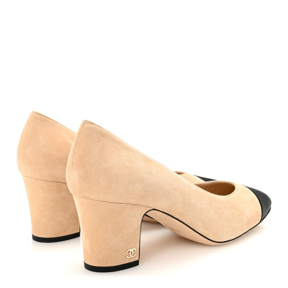 Chanel Suede Satin Cap Toe Low Heel Pumps 40 Beige Black 5 of 9