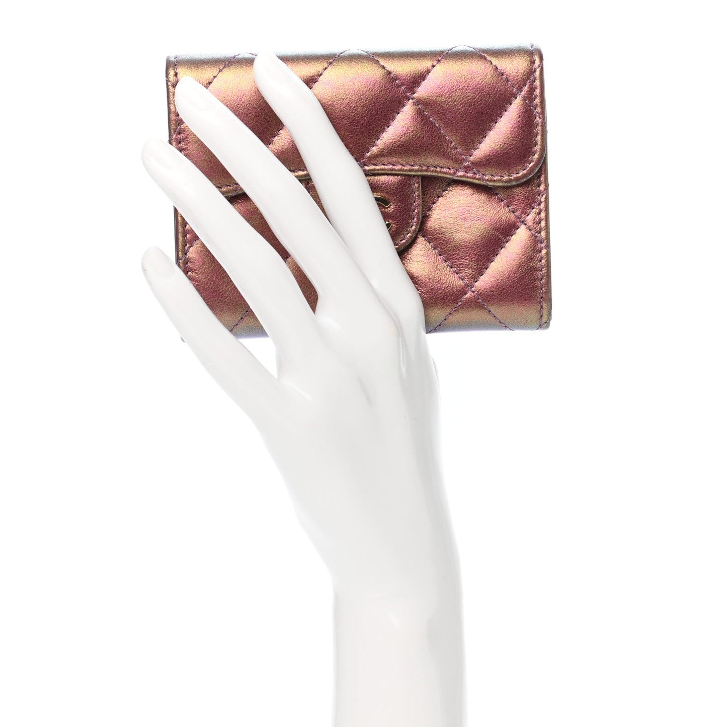 Iridescent Lambskin Quilted Flap Card Holder Wallet Purple