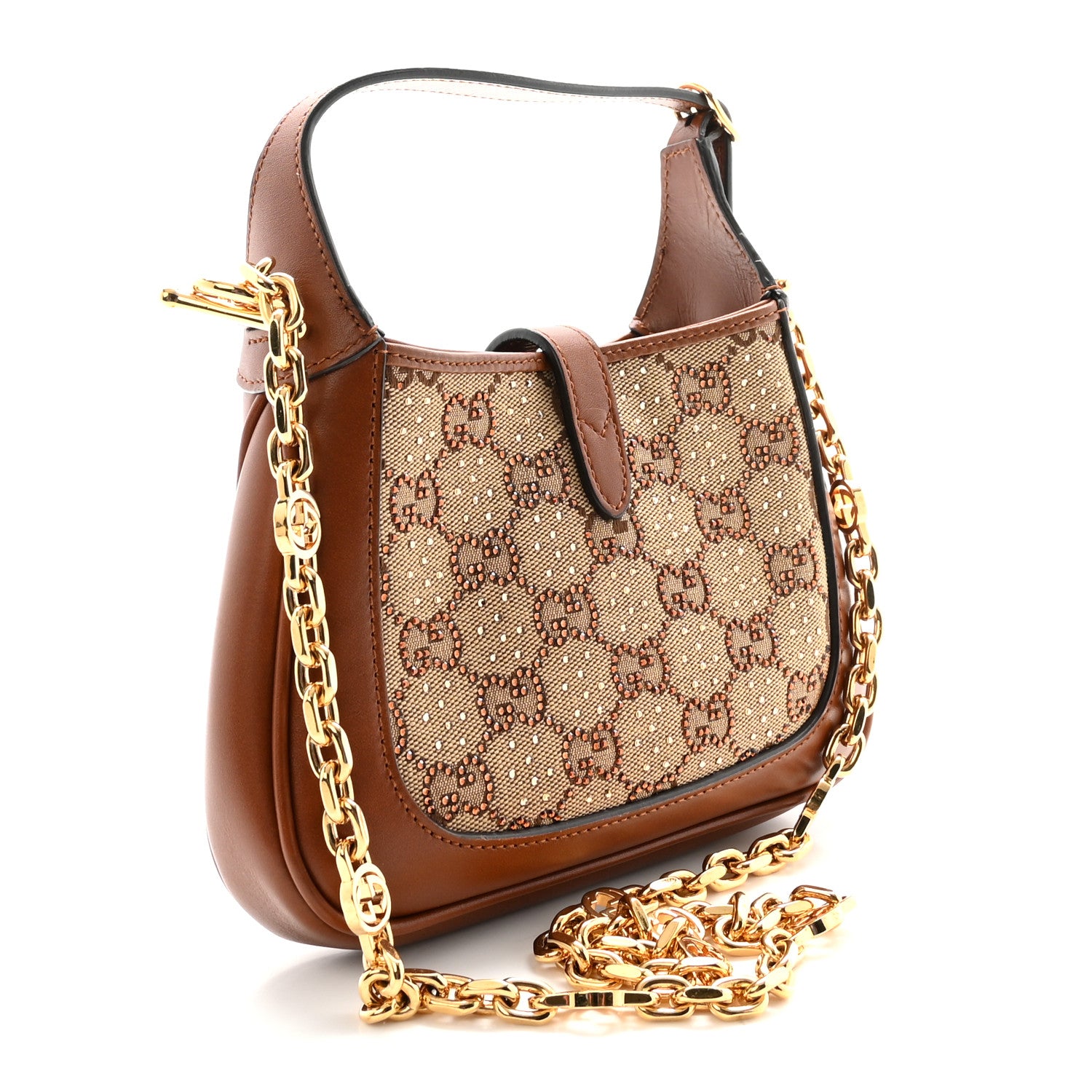 Gucci New Canvas Charisma Calfskin Crystal GG Monogram Mini Jackie 1961 Hobo Camel Ebony 3 of 9