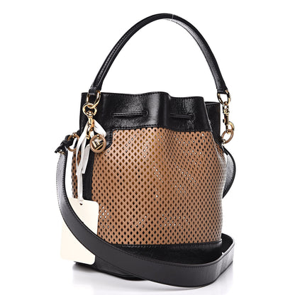 Fendi Vitello Liberty Glossy Lambskin F is Fendi Perforated Large Mon Tresor Bucket Bag Sand Mimosa Black 3 of 9