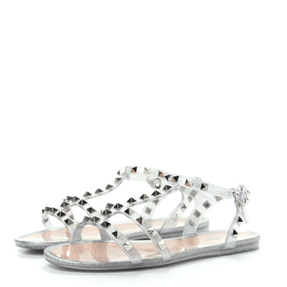 Valentino Garavani PVC Jelly Glitter Rockstud Caged Sandals 38 SIlver 3 of 10
