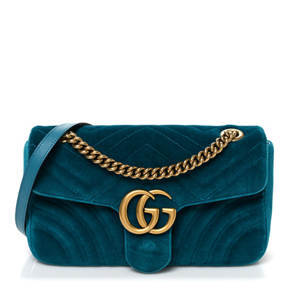 Gucci Velvet Matelasse Small GG Marmont Shoulder Bag Pavone Cyan 1 of 11