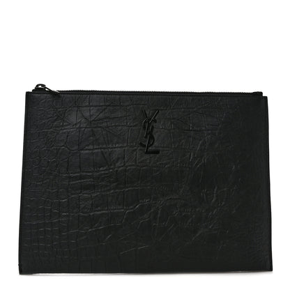 Saint Laurent Calfskin Crocodile Embossed Monogram iPad Case Black 1 of 7