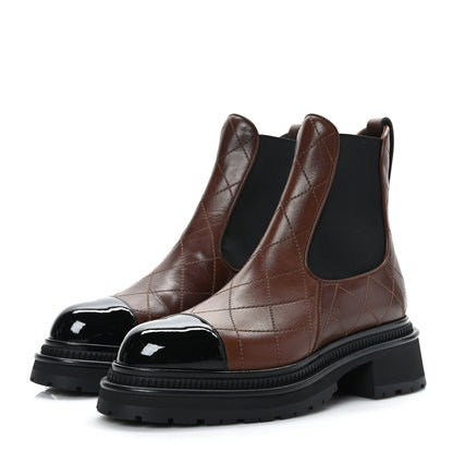 Chanel Calfskin Patent Cap Toe Quilted Short Boots 37 Brown Black 3 of 7