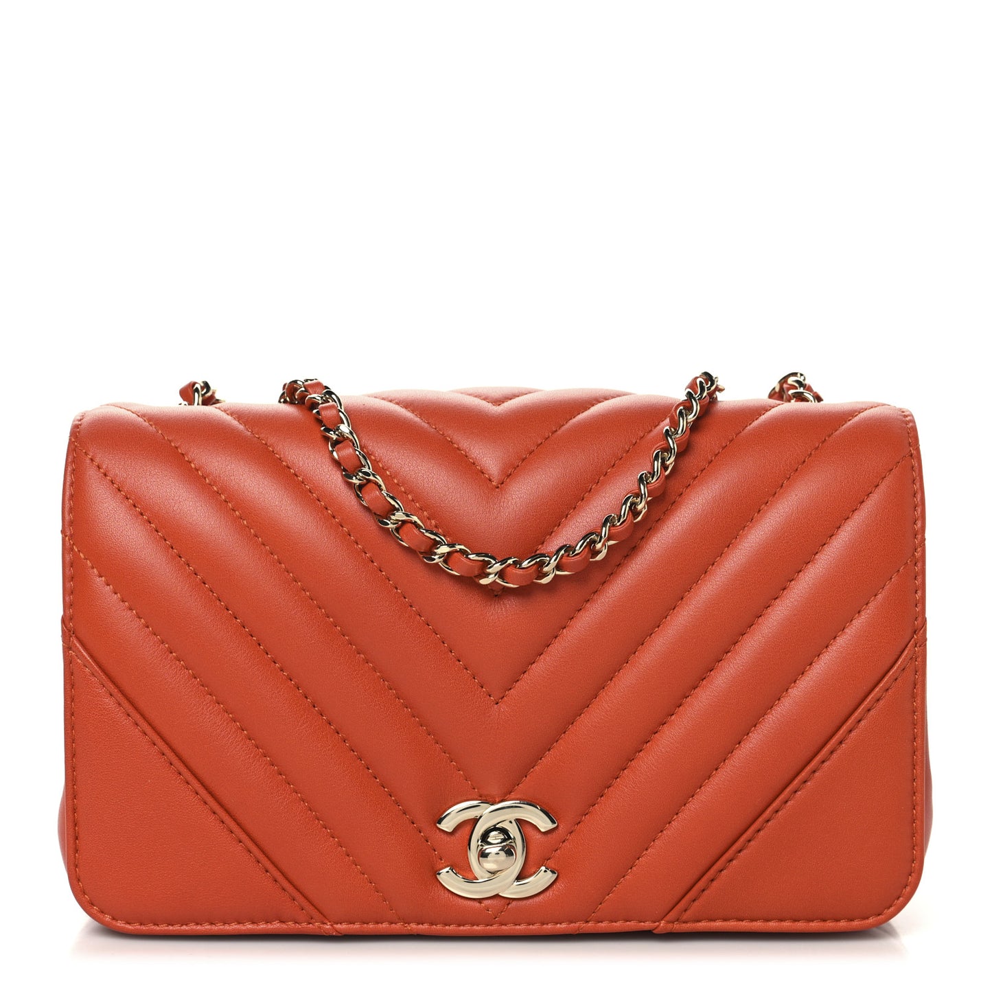 Calfskin Chevron Quilted Mini Statement Flap Dark Orange