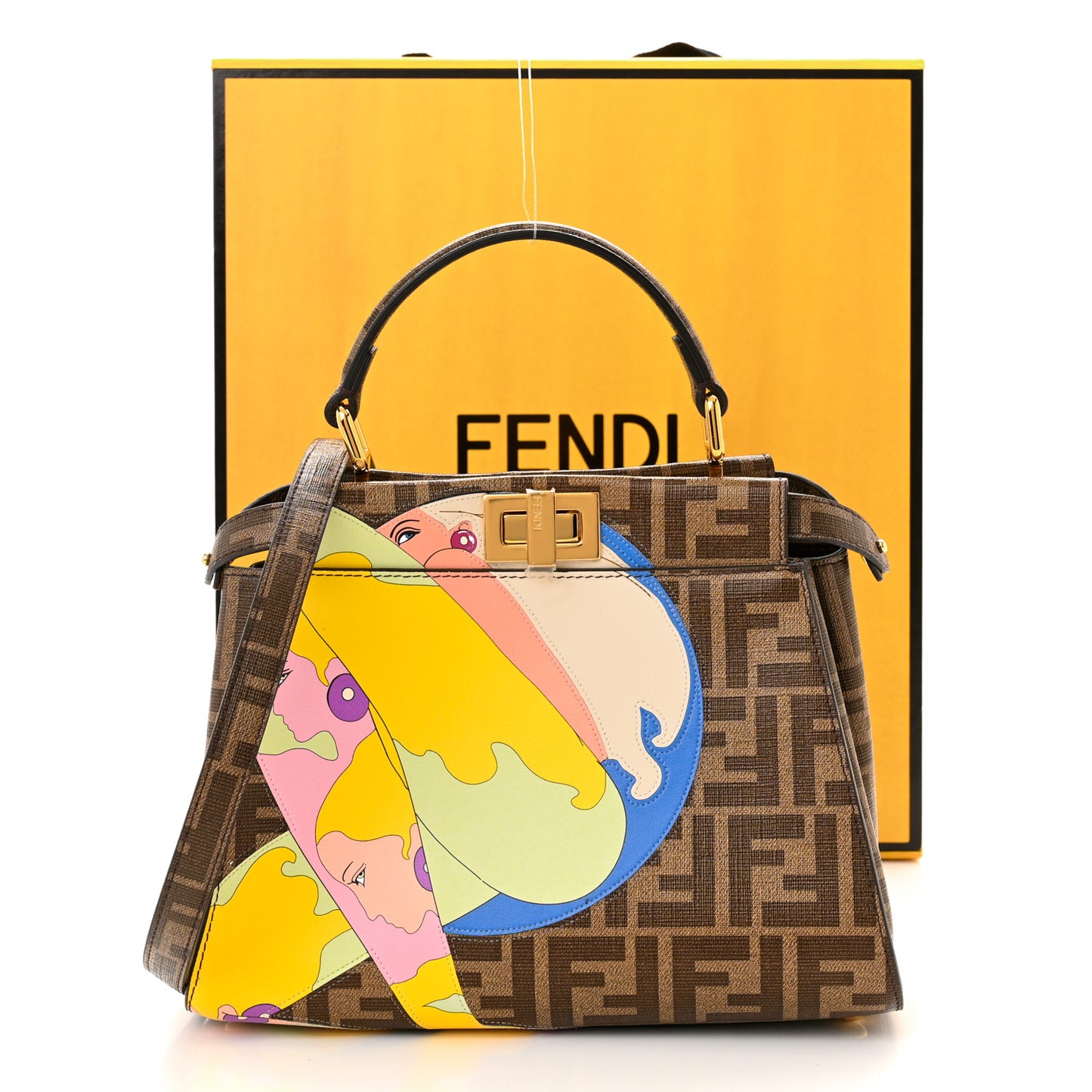 Glazed Fabric Vitello FF 1974 Hairdo Girls Inlay Mini Peekaboo Iconic Satchel Mogano Panna Multicolor