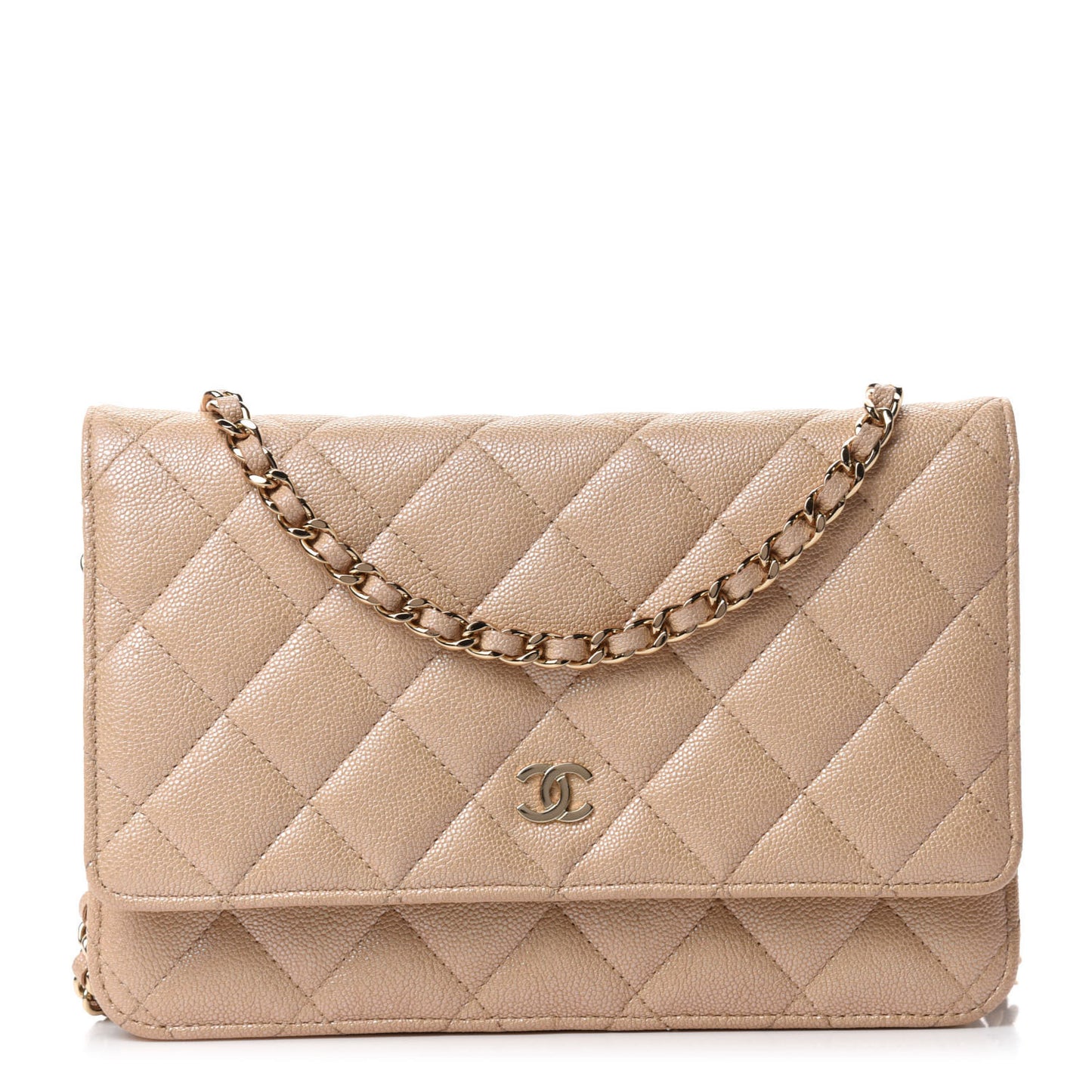 Iridescent Caviar Quilted Wallet On Chain WOC Beige