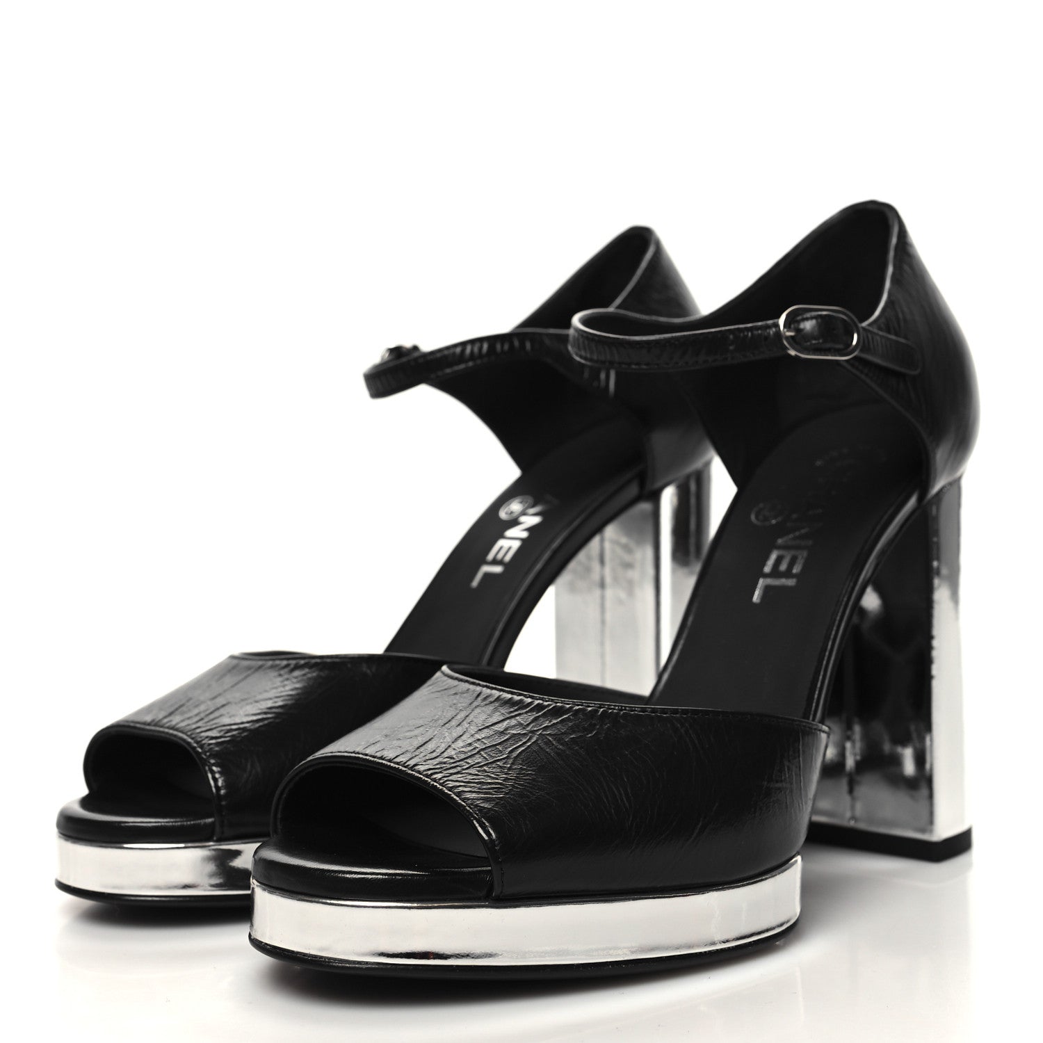 Chanel Shiny Lambskin Sandals 38.5 Black 3 of 9