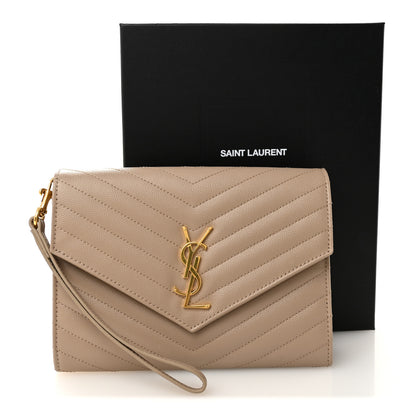 Saint Laurent Grain De Poudre Matelasse Chevron Monogram Envelope Clutch Dark Beige 11 of 11
