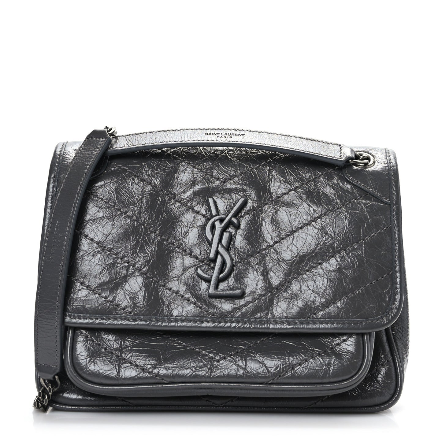 Crinkled Calfskin Matelasse Monogram Baby Niki Chain Satchel Storm