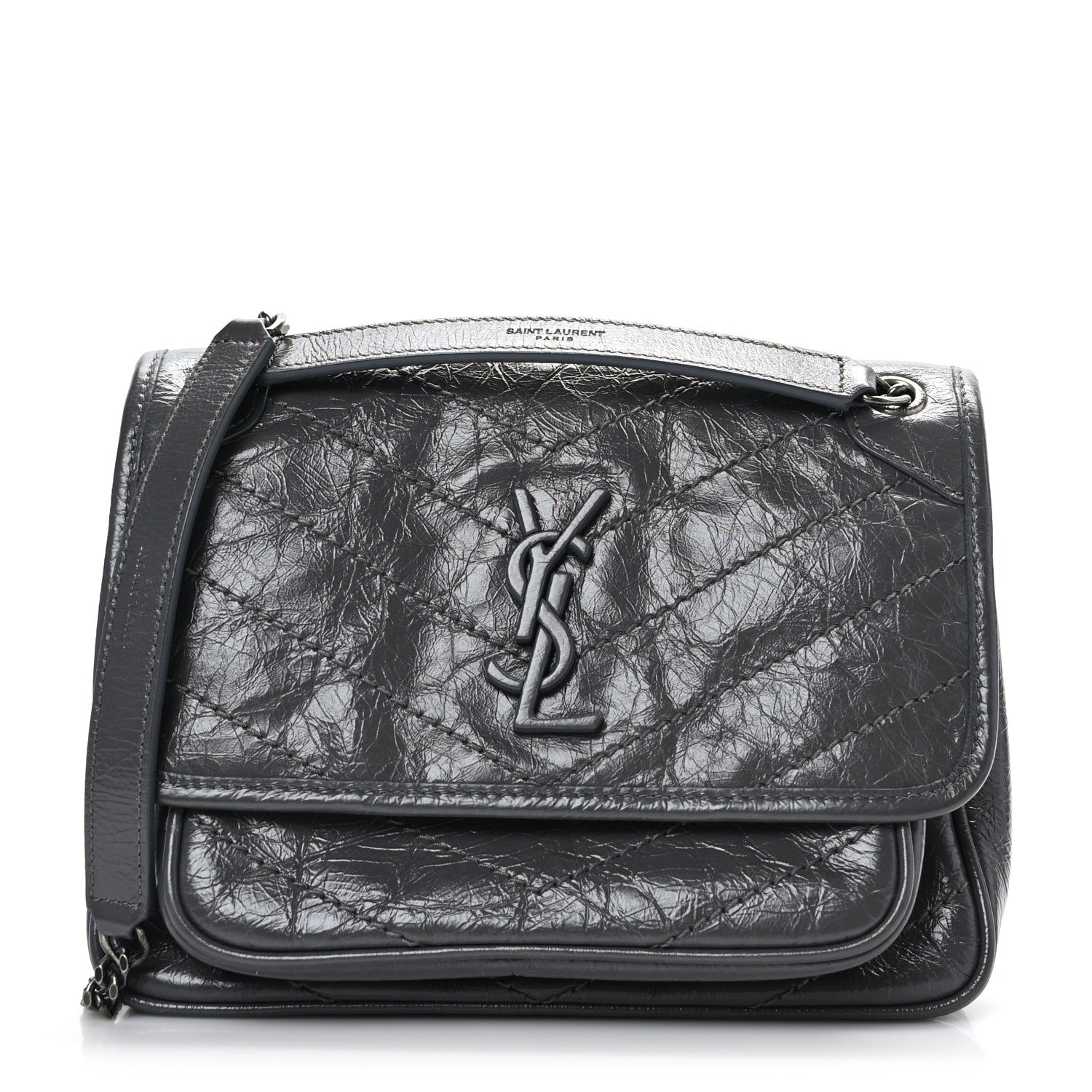 Saint Laurent Crinkled Calfskin Matelasse Monogram Baby Niki Chain Satchel Storm 1 of 8