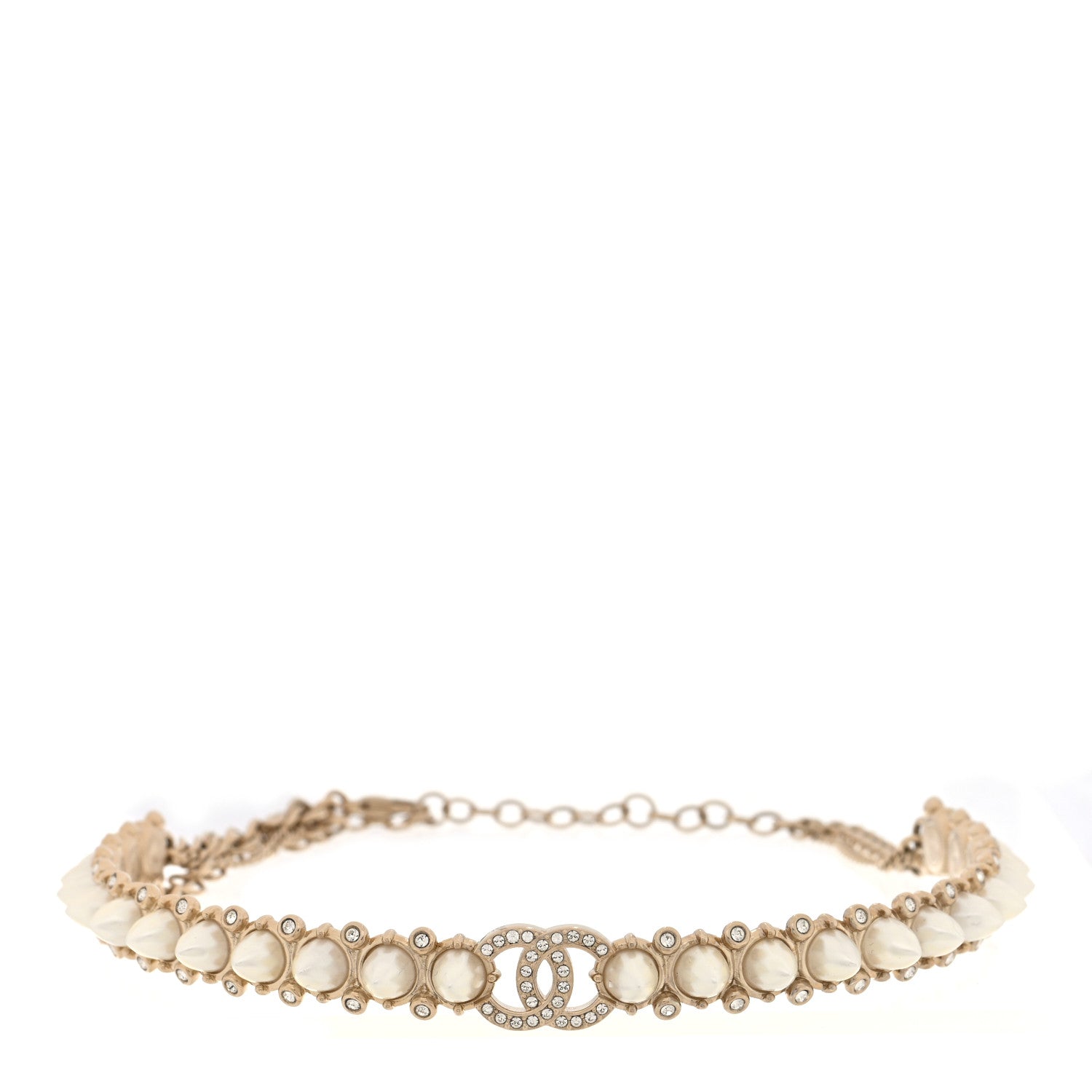 Chanel Strass Crystal Studded Pearl CC Choker Necklace Gold Pearly White 1 of 5