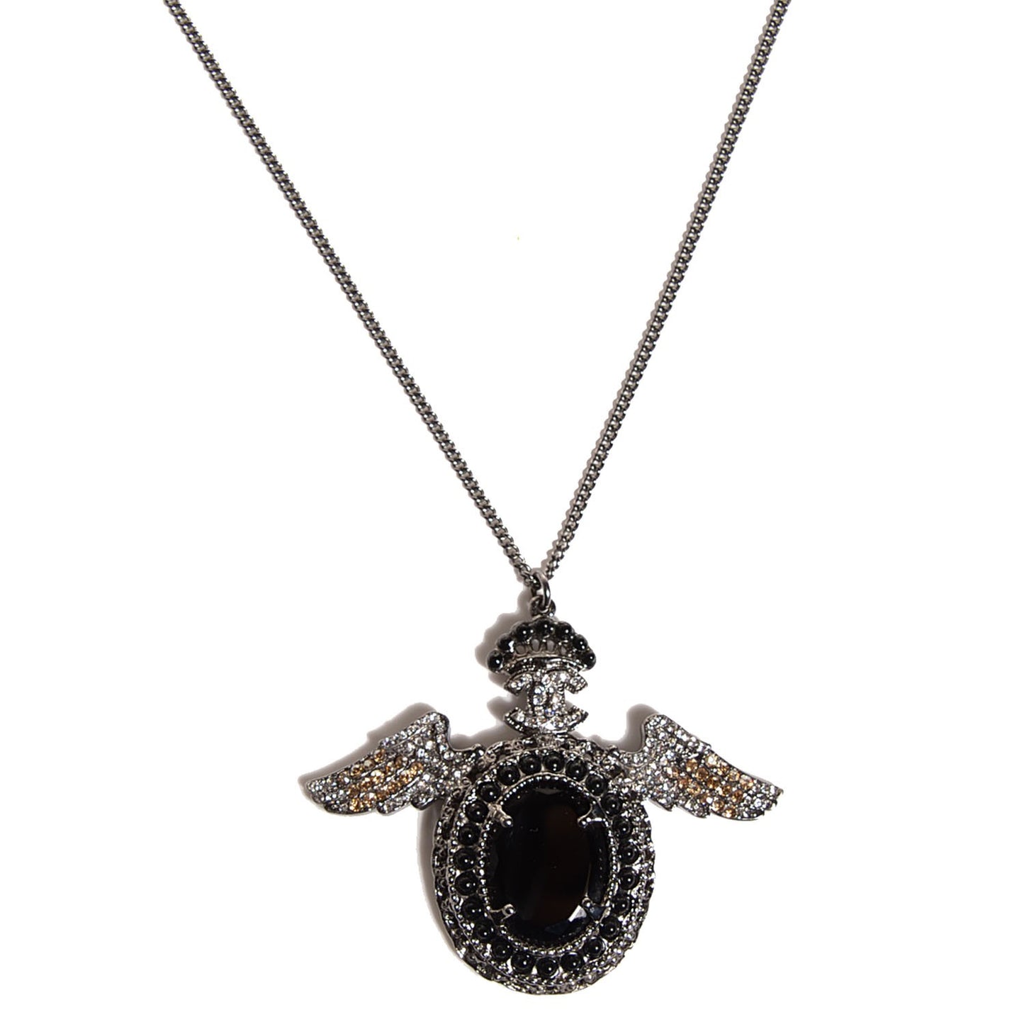 Crystal CC Crown Wing Pendant Necklace Black
