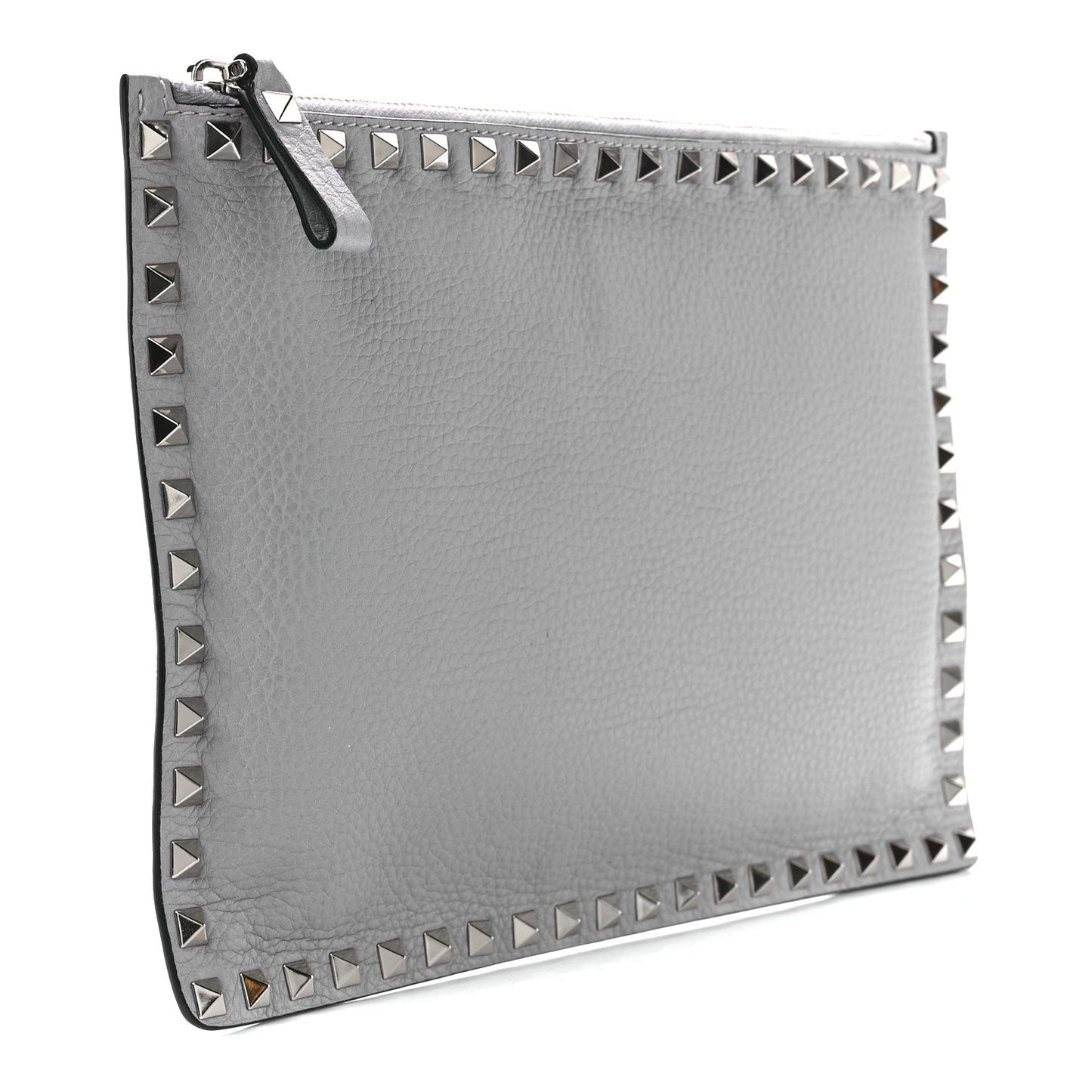 Pebbled Calfskin Large Rockstud Zip Pouch Pastel Grey