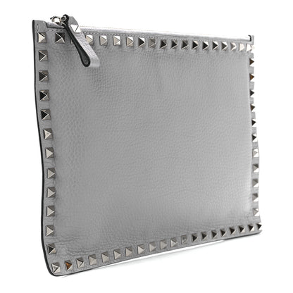 Valentino Garavani Pebbled Calfskin Large Rockstud Zip Pouch Pastel Grey 3 of 12