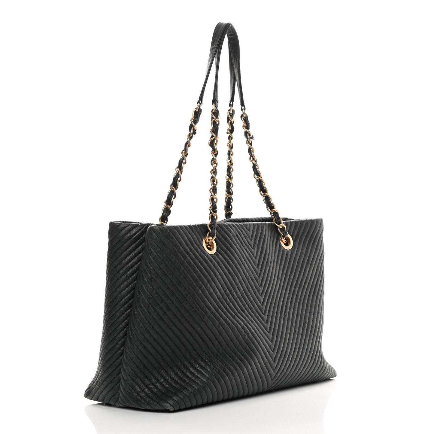 Wrinkled Lambskin Chevron Quilted Large Surpique Tote Black