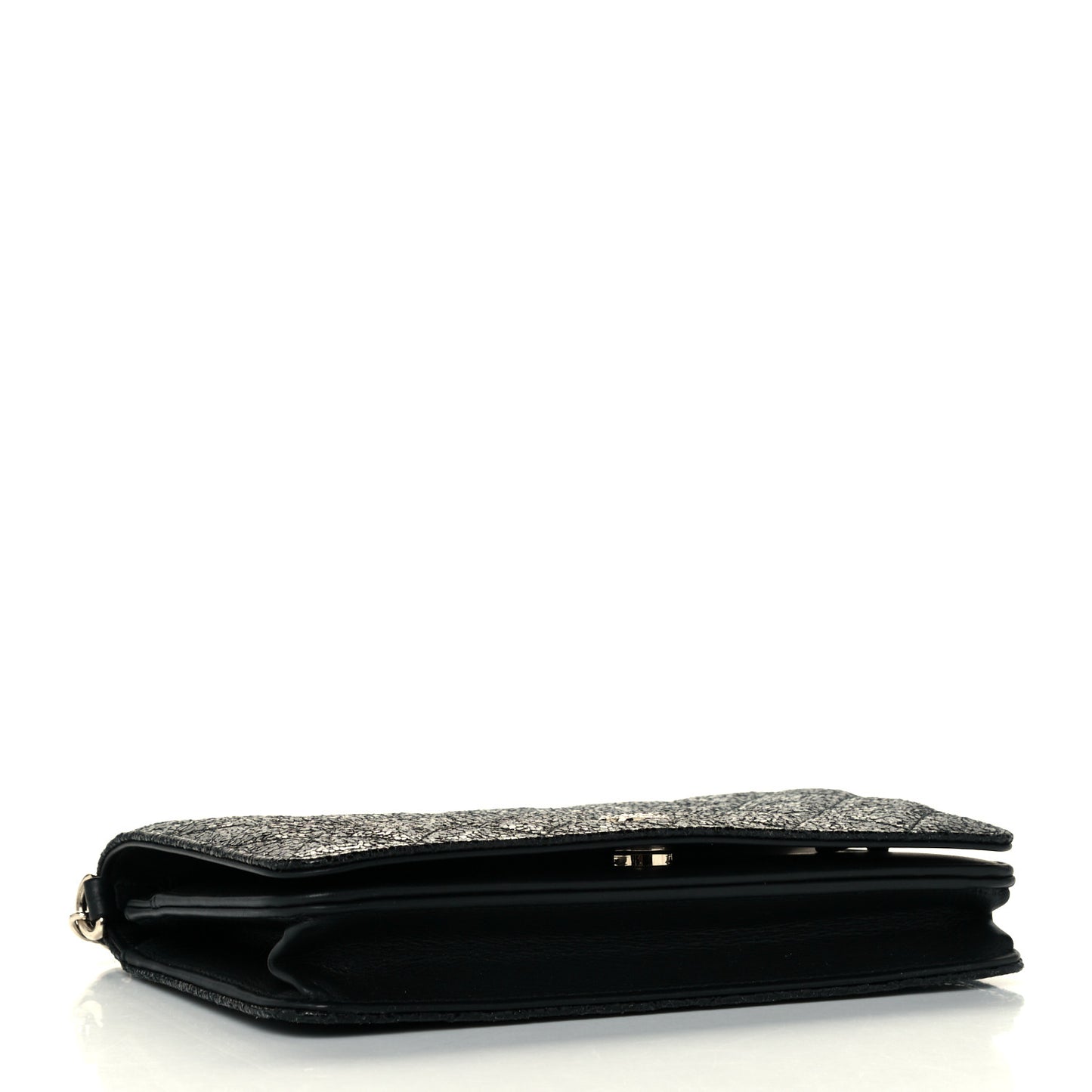 Crackled Patent Calfskin Quilted Pearl Wallet On Chain WOC Black