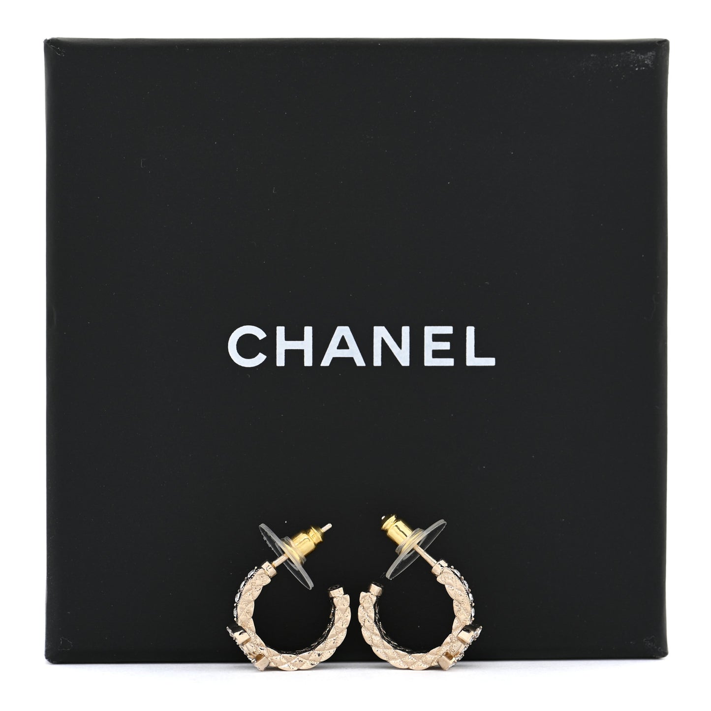 Metal Crystal Quilted CC Hoop Earrings Gold