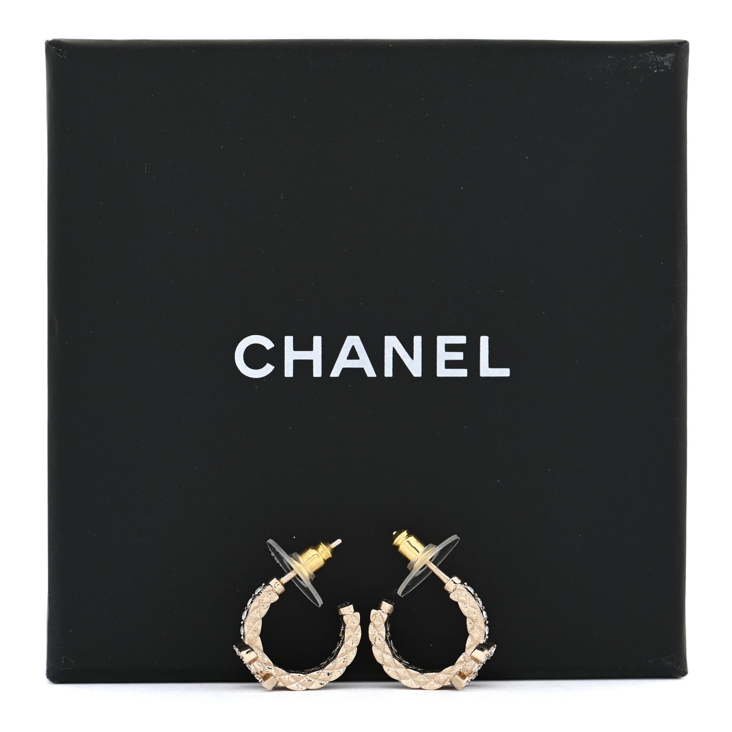 Chanel Metal Crystal Quilted CC Hoop Earrings Gold 5 of 5