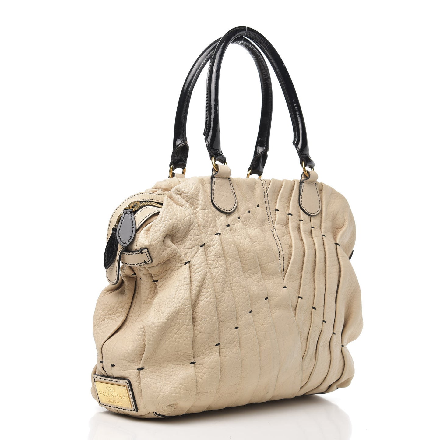Lambskin Pleated Studded Maizeon Tote Beige