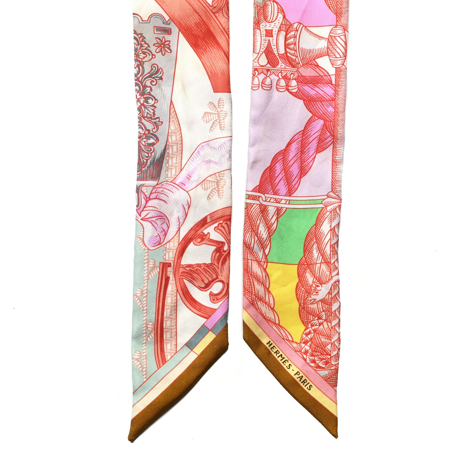 Hermes Silk Cavalleria D'Etriers Twilly Ocre Rose Vif Vert 5 of 6