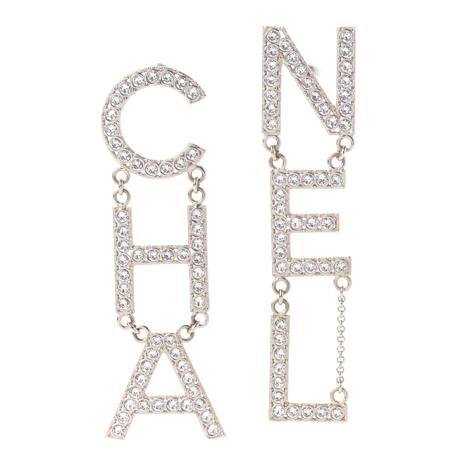 Chanel Crystal Cha-Nel Logo Drop Earrings Gold 1 of 4