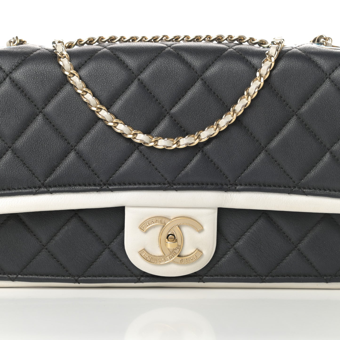 Calfskin Quilted Medium Graphic Flap Black White