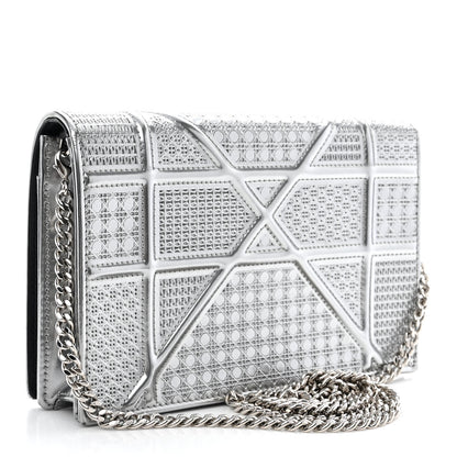 Christian Dior Metallic Patent Micro-Cannage Diorama Wallet on Chain Pouch Silver 3 of 13