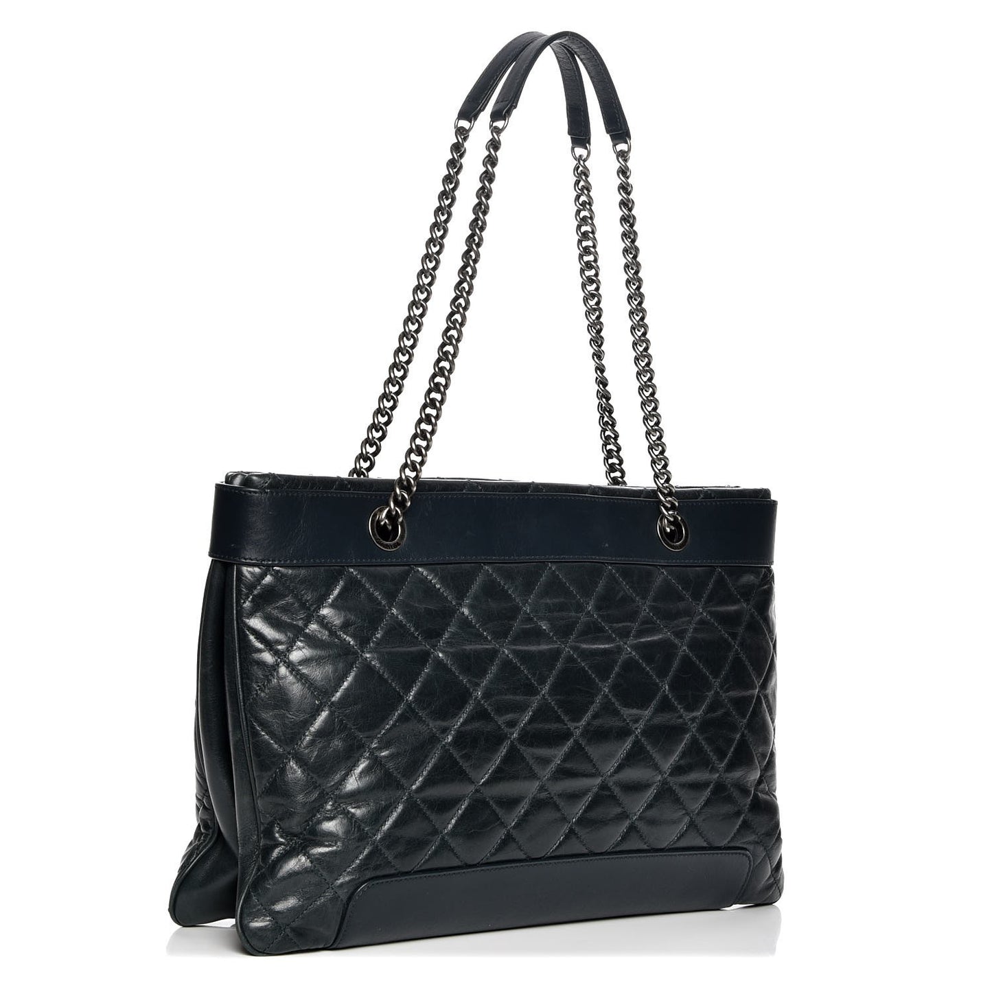 Glazed Calfskin Quilted Shopping Tote Dark Blue