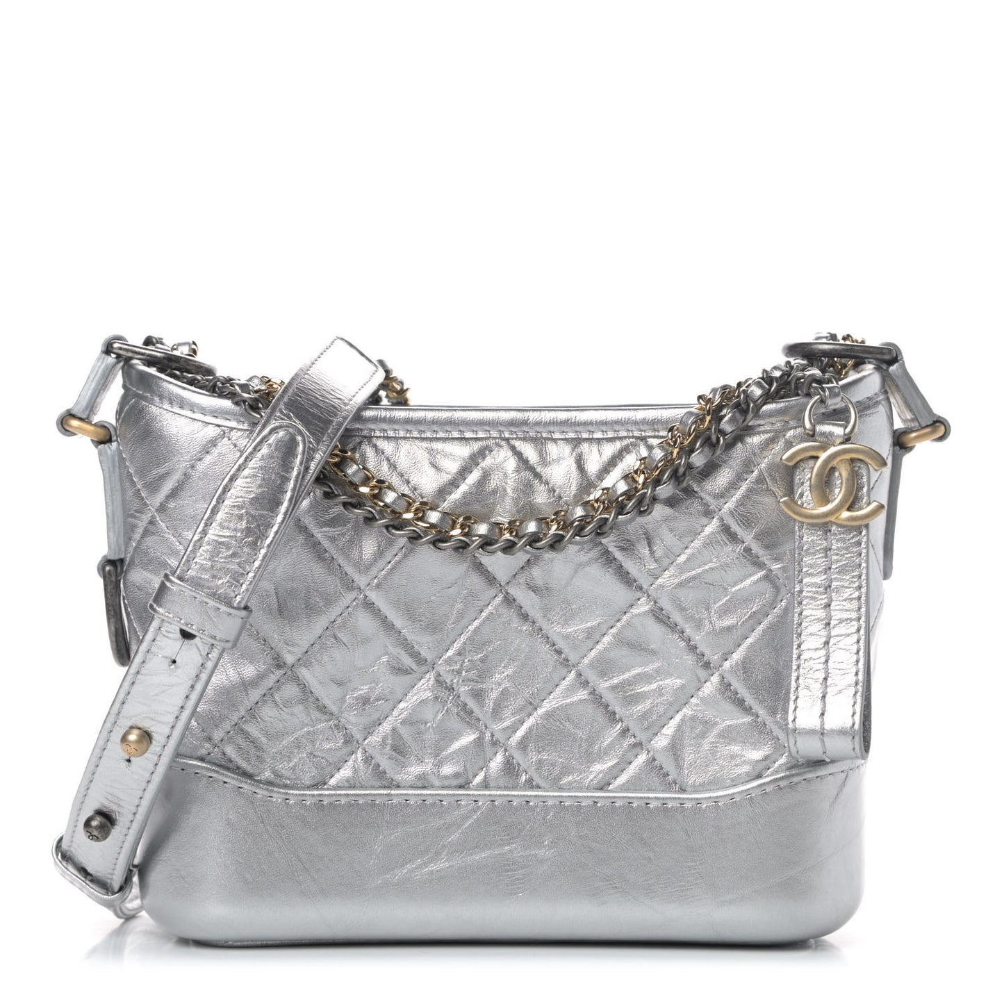 Metallic Aged Calfskin Quilted Small Gabrielle Hobo Silver