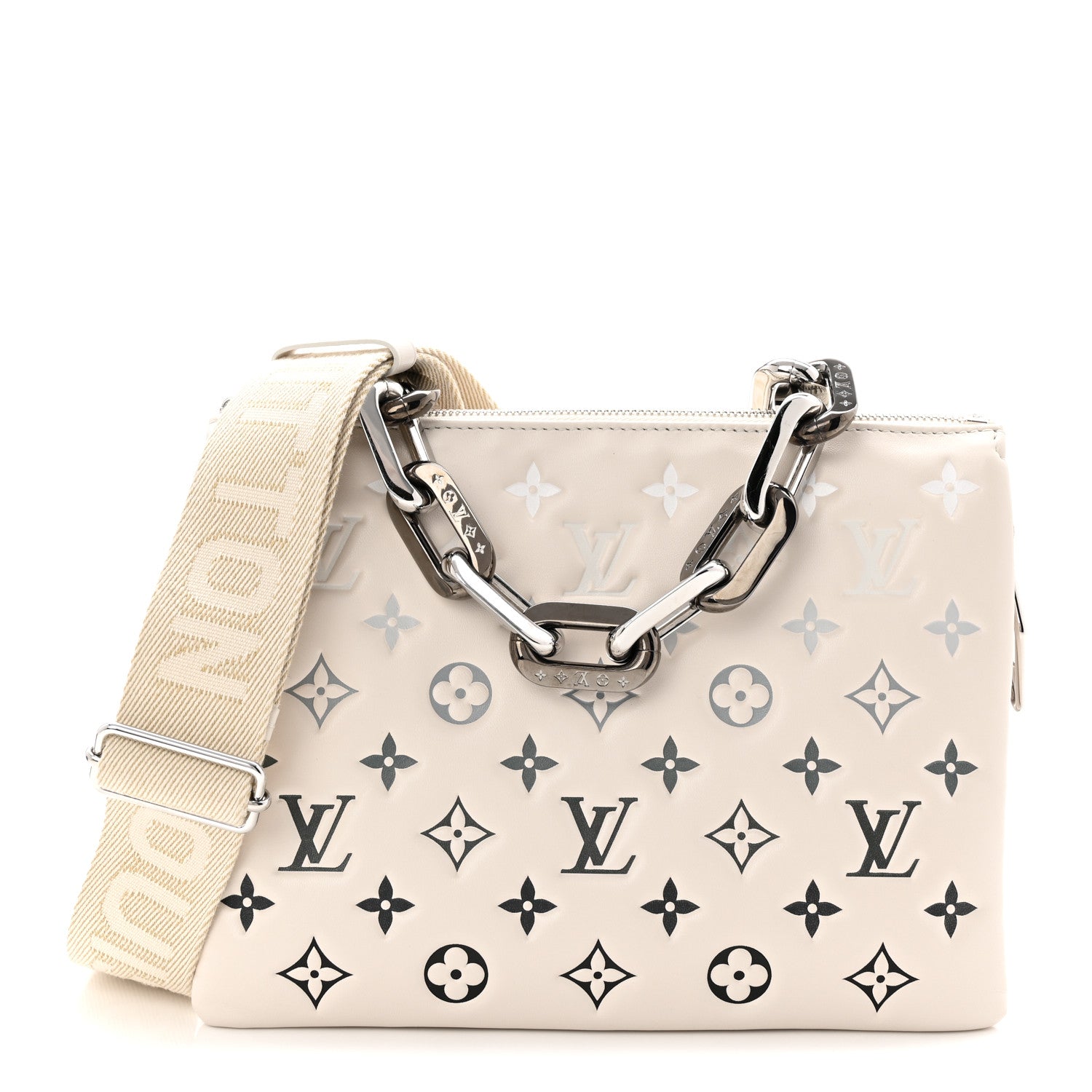 Louis Vuitton Lambskin Embossed Monogram Coussin PM Cream Grey 1 of 9