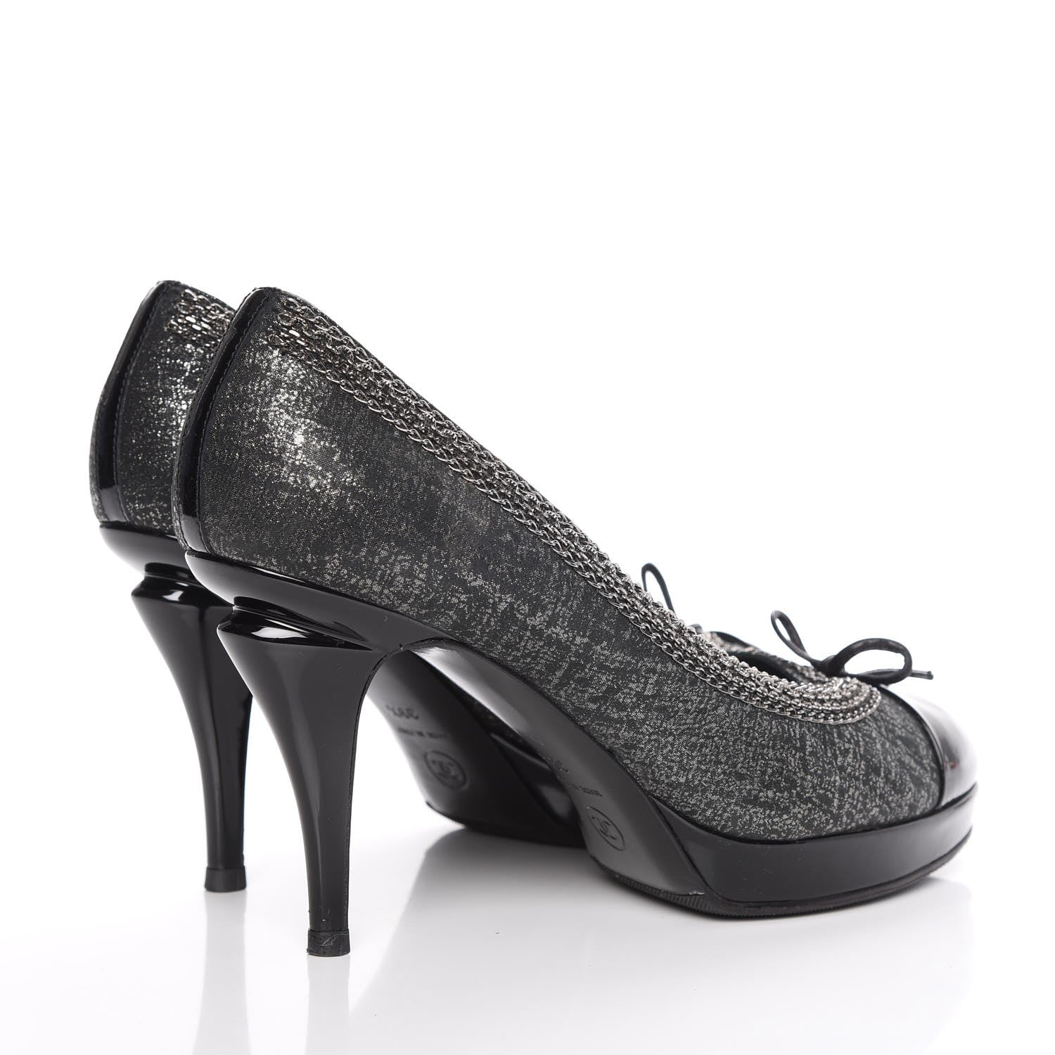 Chanel Metallic Tweed Patent Cap Toe CC Chain Pumps 39.5 Black 4 of 14