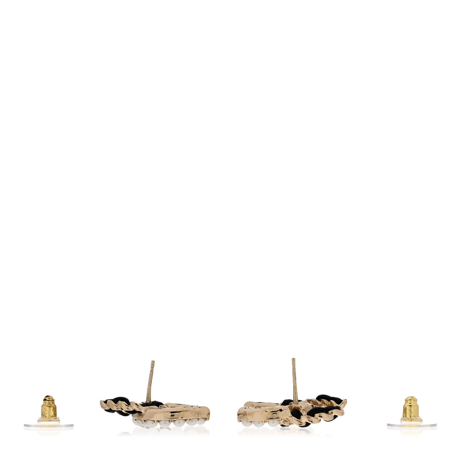 Pearl Lambskin Chain CC Stud Earrings Gold Black