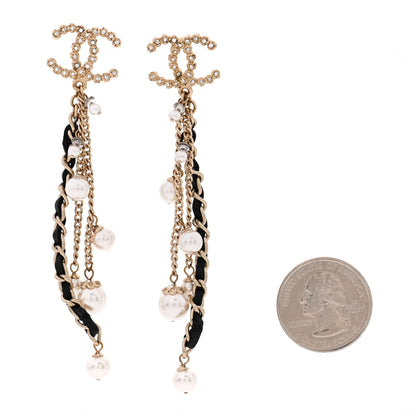 Chanel Pearl Crystal Lambskin Chain CC Dangle Earrings Gold 2 of 5