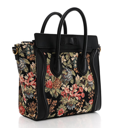 Celine Calfskin Lambskin Canvas Jacquard Floral Nano Luggage Black 3 of 13