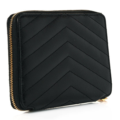 Saint Laurent Grain De Poudre Matelasse Chevron Monogram Compact Zip Around Wallet Black 3 of 9