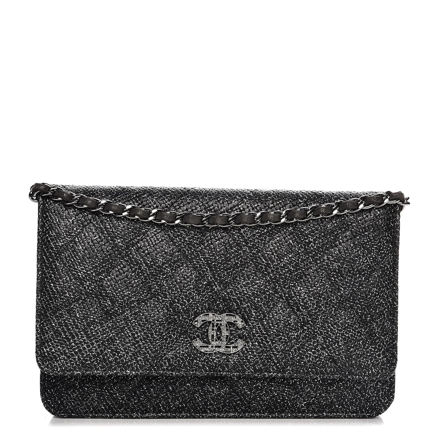 Glitter Calfskin Quilted Wallet on Chain WOC Black Silver