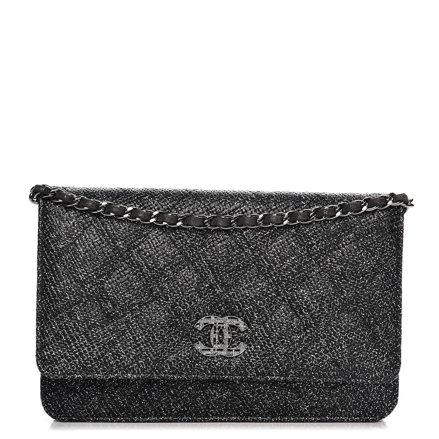 Chanel Glitter Calfskin Quilted Wallet on Chain WOC Black Silver 1 of 9