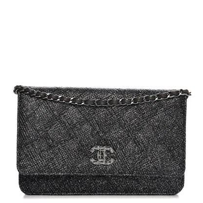 Chanel Glitter Calfskin Quilted Wallet on Chain WOC Black Silver 1 of 9